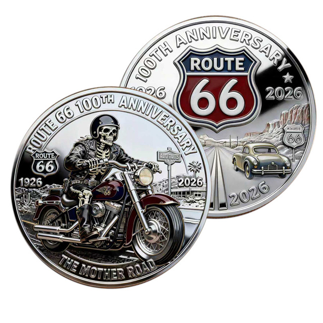Stock Route 66 100th Anniversary Metal Crafts Commemorative Coin Skeleton Rider Motorcycle Collectible Souvenir