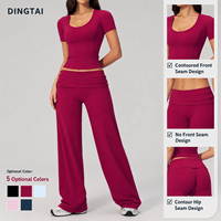 Ensemble de yoga brossé certifié GCC Dingtai pour femme : haut à manches courtes et pantalon large à taille repliable, tenue de sport 2 pièces