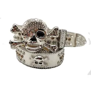 Biểu Tượng Tùy Chỉnh Bling Bling Bb Vành Đai Studded Kim Cương PU Dây Đeo Da Đen Skull Khóa Tây Cao Bồi Vành Đai Cho Nam Giới