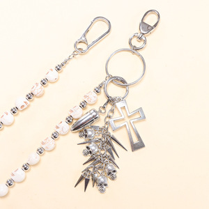 Cadena de pantalón con cuentas de calavera turquesa blanca y colgante de cruz, cadena de cintura de una sola capa estilo Hip Hop, accesorio de moda casual - Product Image 4