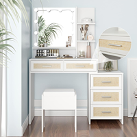 Bureau de vanité Boho en rotin avec miroir et lumières, ensemble de vanité de maquillage de chambre à coucher avec vanités de table de chevet pour les chambres à coucher