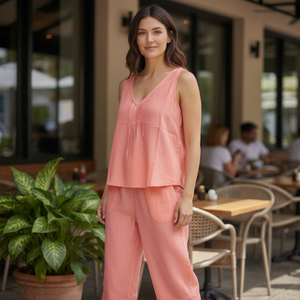 Conjunto de Pijama de Gasa de Algodón para Mujer, Sin Mangas, Ropa de Dormir de Verano, Suave, de Dos Piezas, Corte Holgado - Product Image 1