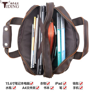 Tiding Genuine Leather Business <b>Briefcase</b> 15.6-Inch Laptop Bag Dark Brown Shoulder Bag For Travel And Work - Product Image 5