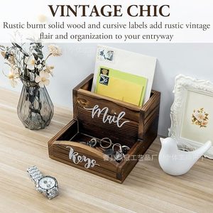 Buzón de madera con cajón para llaves, organizador de escritorio de doble compartimento, caja de almacenamiento de madera maciza retro blanca y marrón para uso en oficina - Product Image 2
