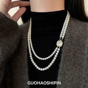 Shijia Pearl Sugar Cube Double Layer Necklace For Women Elegant Geometric Design With Bezel Setting Daily Wear Fashion Jewelry - Product Image 4