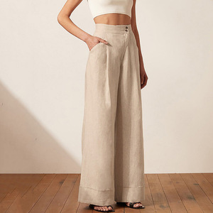 Shinesia 2022 pantaloni Casual estivi abbigliamento donna kaki dritto cotone <span class=keywords><strong>lino</strong></span> <span class=keywords><strong>vita</strong></span> <span class=keywords><strong>alta</strong></span> pantaloni larghi lavati a maglia a gamba larga - Product Image 2