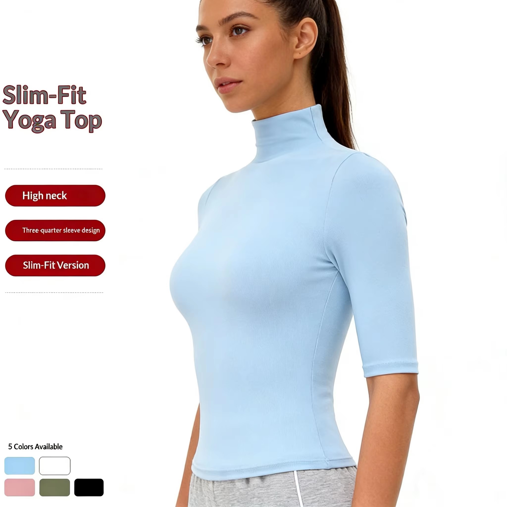 Mock Neck Three Quarter Tight-fitting Lightweight Spandex/Nylon Breathable Four-Way Stretch Yoga Top Women Slimming Running