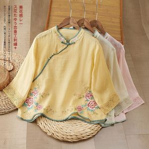 Women's Embroidered Linen Top Short Sleeve Stand Collar Chinese Knot Breathable Summer Casual Wear - Product Image 4