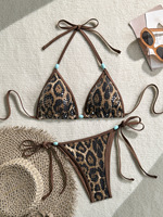 Ensemble bikini triangle imprimé léopard à sequins 2026 avec perles turquoise, maillot de bain deux pièces à nouer sur le côté pour femme, tenue de plage