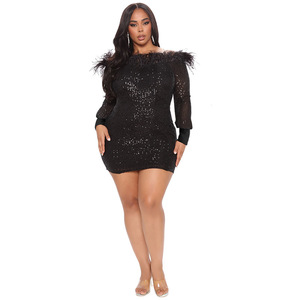 218231 Suministro al por mayor de ropa para mujeres de talla grande europeas y americanas, nuevo vestido de lentejuelas de manga larga de otoño directamente de fábrica - Product Image 5
