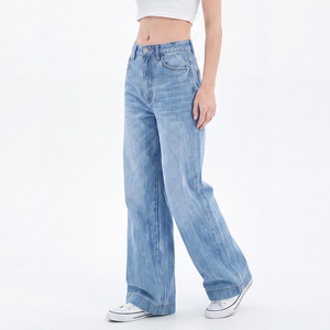 Jeans de Pierna Ancha de Cintura Alta en Azul Claro para Mujer Talla Grande, <span class=keywords><strong>Pantalones</strong></span> Vaqueros Holgados Estilo Vintage, <span class=keywords><strong>Pantalones</strong></span> Casuales de Mezclilla para Uso Diario - Product Image 4