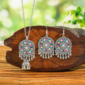 Ethnic <b>Silver</b> Plated Jewelry <b>Set</b> Tassel <b>Necklace</b> And Earrings With Colorful Inlay For Women Everyday Wear - Product Image 1