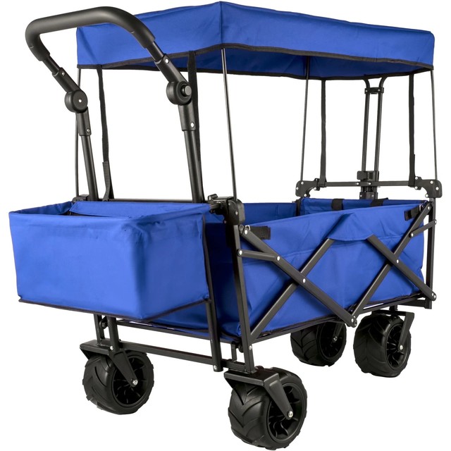 Folding Utility Wagon Folding Handcart with Roof, Outdoor Garden Trolley with Brakes, All Terrain Camping Cart