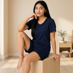 Women's Navy Fluid Short-Sleeved Shorty Set 100% Cotton Knitted Fabric Comfortable Breathable Elastic Waist Drawstring Shorts - Product Image 4