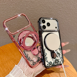 Funda para Teléfono Móvil con Soporte de Espejo de Diamantes Brillantes y Flores para iPhone 17 Air 16 15 14 Pro Max, Cubierta con Marco Electrochapado y Brillante - Product Image 2