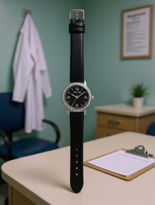 Montre d'infirmière HYF, boîtier en acier inoxydable de 32 mm, bracelet en cuir noir, mouvement à quartz, résistante à l'eau, design tendance - Product Image 2