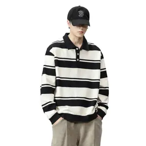 High Quality Custom Men's Polo Shirt Long Sleeve Rugby Striped Knitted Fabric Solid Pattern Hip Hop Style