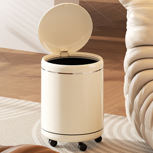 Cylindrical Trash Can With Lid And Wheels Creamy White Indoor Waste Bin For Living Room Kitchen Bathroom Bedroom - Product Image 3
