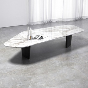 Modern Large Irregular Shape White <strong>Real</strong> Solid Marble Top <strong>Wood</strong> Base Center <strong>Coffee</strong> <strong>Table</strong> - Product Image 2