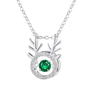 Wholesale Cute Jewelry Luxury deer shaped silver chain emerald green diamond pendant necklace for sale