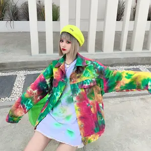 YIZHIQIU hip hop street wear funky colour loose over sized tie dye denim jacket women