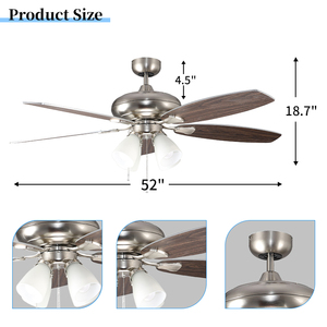 Ventilateur de plafond en verre décoratif pour la maison, avec 5 pales, 52 pouces, avec lumière LED et chaîne de tirage, pour salon - Product Image 5
