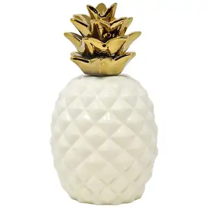 สับปะรดเซรามิก9 "สับปะรดกลมเซรามิกโชว์ชิ้นแกะสลักอย่างสวยงามด้วยรายละเอียดที่สมจริง,สีขาวเงากับทองพบ - Product Image 1