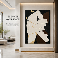 Peinture à l'huile abstraite cubiste en impasto, crème, noir, marron, abstrait géométrique, peinte à la main sur toile, décoration murale