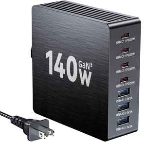 Caricatore da Scrivania GaN3 <span class=keywords><strong>a</strong></span> 7 Porte 140W, Hub di Ricarica Rapida con 4 <span class=keywords><strong>USB</strong></span> C PD 25W e <span class=keywords><strong>3</strong></span> <span class=keywords><strong>USB</strong></span> <span class=keywords><strong>A</strong></span>, Stazione di Ricarica Intelligente per Dispositivi Multipli, per Ufficio - Product Image 1