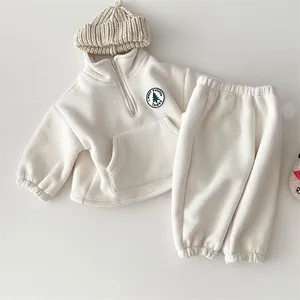 Korean Fashion Baby Clothes Infant Winter Cashmere Thickened Suit 2pcs Unisex High Collar Hoodie Pants Sport Suit