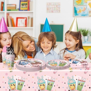 Té Flor Fiesta Té de la leche Fiesta Tema Vajilla Plato de papel Vaso de papel Mantel de tejido Juego de suministros para fiestas - Product Image 4