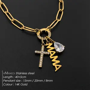 Collar de Acero Inoxidable eManco Estilo Hip-Hop con Colgante de Cruz MAMA y Cristal en Forma de Gota, Joyería para Uso Diario, Venta al Por Mayor - Product Image 2