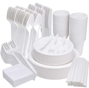 400 pcs Biodegradable Cutlery Compostable Sugarcane Paper Plates Recycled For Birthday Party Picnic