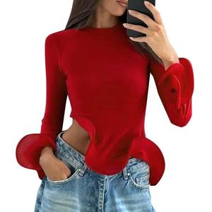 En promotion : Blouse décontractée asymétrique à manches longues évasées et col rond avec volants pour femme – Tendance - Product Image 1