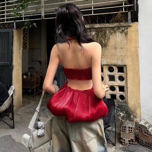 Vintage Red Loose Knitted Crew Neck Sexy Backless Breathable <b>Patchwork</b> Party Club Women's Bandeau <b>Top</b> - Product Image 6