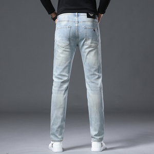 Jean Homme Bleu sur Mesure Très Élastique Délavé aux Pierres Bouton Rivet Coupe Droite Respirant en Denim Taille Moyenne pour Automne Slim Décontracté Professionnel - Product Image 2