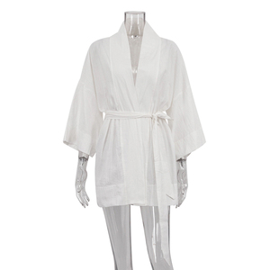 2025 alla moda con cintura a manica lunga da donna in cotone abiti da notte corti estivi Casual abito a portafoglio <span class=keywords><strong>bianco</strong></span> da donna - Product Image 4