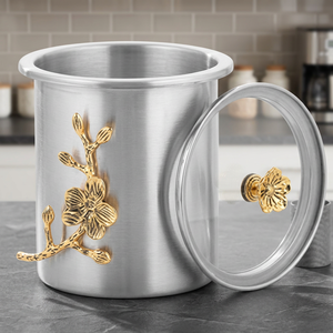 Round Stainless steel Food Container With <b>Lid</b> Oriental Engraved Floral Design 1-3L Storage <b>Bin</b> - Product Image 3