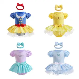 Mädchen Prinzessin Geburtstags kleid Baumwolle Soft One Piece Kleid Neugeborenes Baby Sommer Bubble Tutu Stram pler mit einem Stirnband