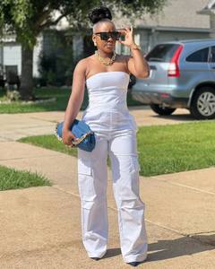 Streetwear taille haute jambe large une pièce ensemble barboteuse <span class=keywords><strong>combishort</strong></span> <span class=keywords><strong>femme</strong></span> blanc grande taille sans bretelles combinaison - Product Image 2