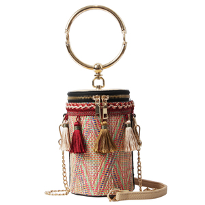 Venta al por mayor vintage paja embrague bolsa bolso colorido cilíndrico de moda de señora bolso - Product Image 1