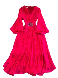 Abito da <span class=keywords><strong>donna</strong></span> <span class=keywords><strong>elegante</strong></span> in chiffon plissettato a vita sottile con scollo a V e <span class=keywords><strong>maniche</strong></span> <span class=keywords><strong>lunghe</strong></span>, nuova collezione autunno 2026, all'ingrosso - Product Image 6