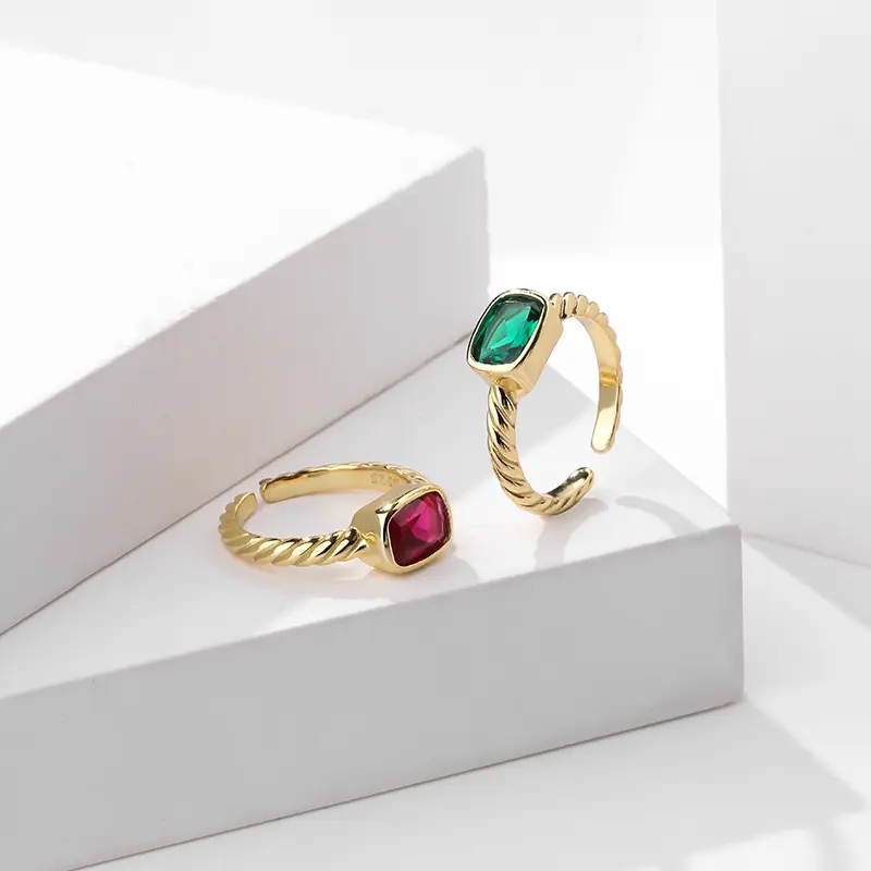 خاتم فضة إسترلينية S925 خاتم مفتوح للنساء من الزركون مجموعة صغيرة الحجم بأحجار أحمر وأخضر متشابك