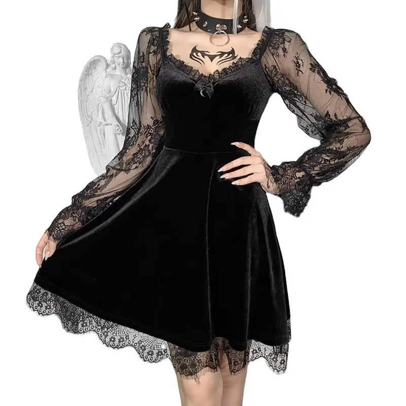 Vestido gótico para meninas, fantasia de renda, vestido de veludo, feminino, sexy, de manga longa, decote em v, slim, fantasia de festa de cosplay