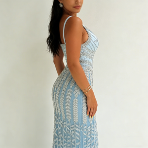 Robes pour femmes à bretelles spaghetti, col cœur, ornées <span class=keywords><strong>de</strong></span> perles et <span class=keywords><strong>de</strong></span> strass, motif feuille, coupe sirène ajustée, élégantes, formelles, longues - Product Image 3