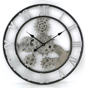 Horloge murale à quartz de style industriel rétro ronde de 70 cm en bois argenté avec engrenage et chiffres romains pour <span class=keywords><strong>la</strong></span> décoration de <span class=keywords><strong>la</strong></span> maison - Product Image 1