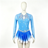 Robe de patinage artistique à manches longues dégradé bleu et blanc, dos ouvert avec découpe en goutte d'eau, jupe ornée de strass pour filles adultes, compétition et performance