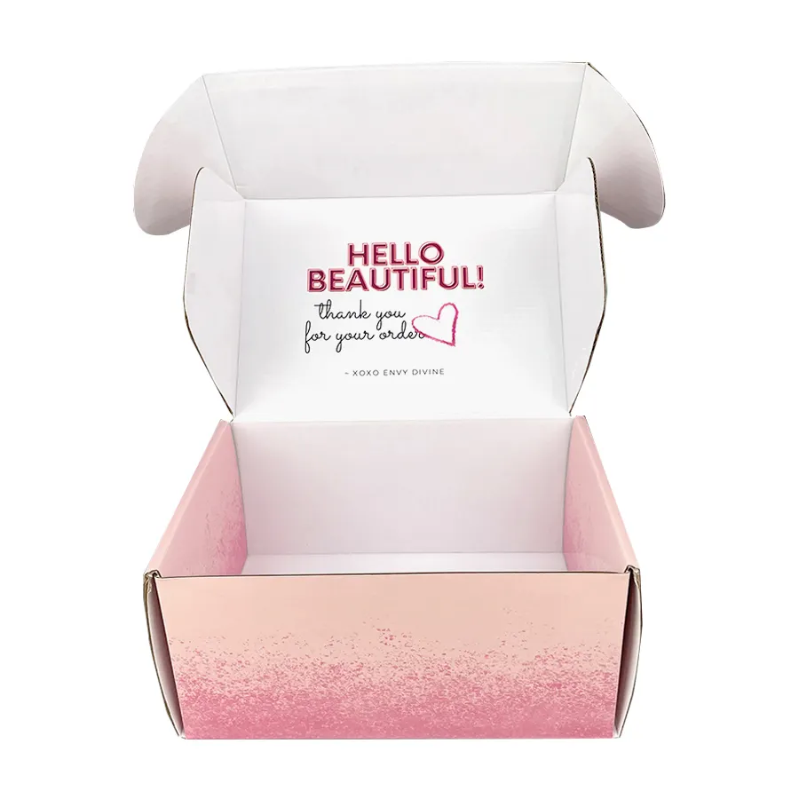 Caja de cartón corrugado blanco brillante rosa claro Caja profunda de envío para productos de belleza