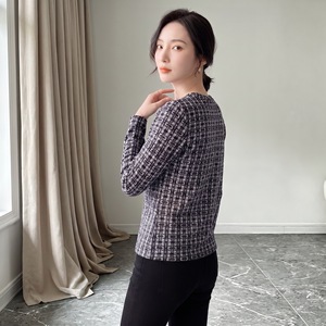 Nouvelle Collection Automne 2026 – T-shirt Imprimé <span class=keywords><strong>à</strong></span> <span class=keywords><strong>Carreaux</strong></span> Col Rond Manches Longues – Haut Amincissant et Ajusté pour Femme - Product Image 3
