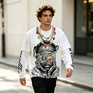 T-Shirt da Uomo con Stampa Grafica Stile Street <span class=keywords><strong>Hiphop</strong></span>, Collo Tondo, 2 in 1, Manica Lunga, Abbigliamento Autunnale Maschile - Product Image 2